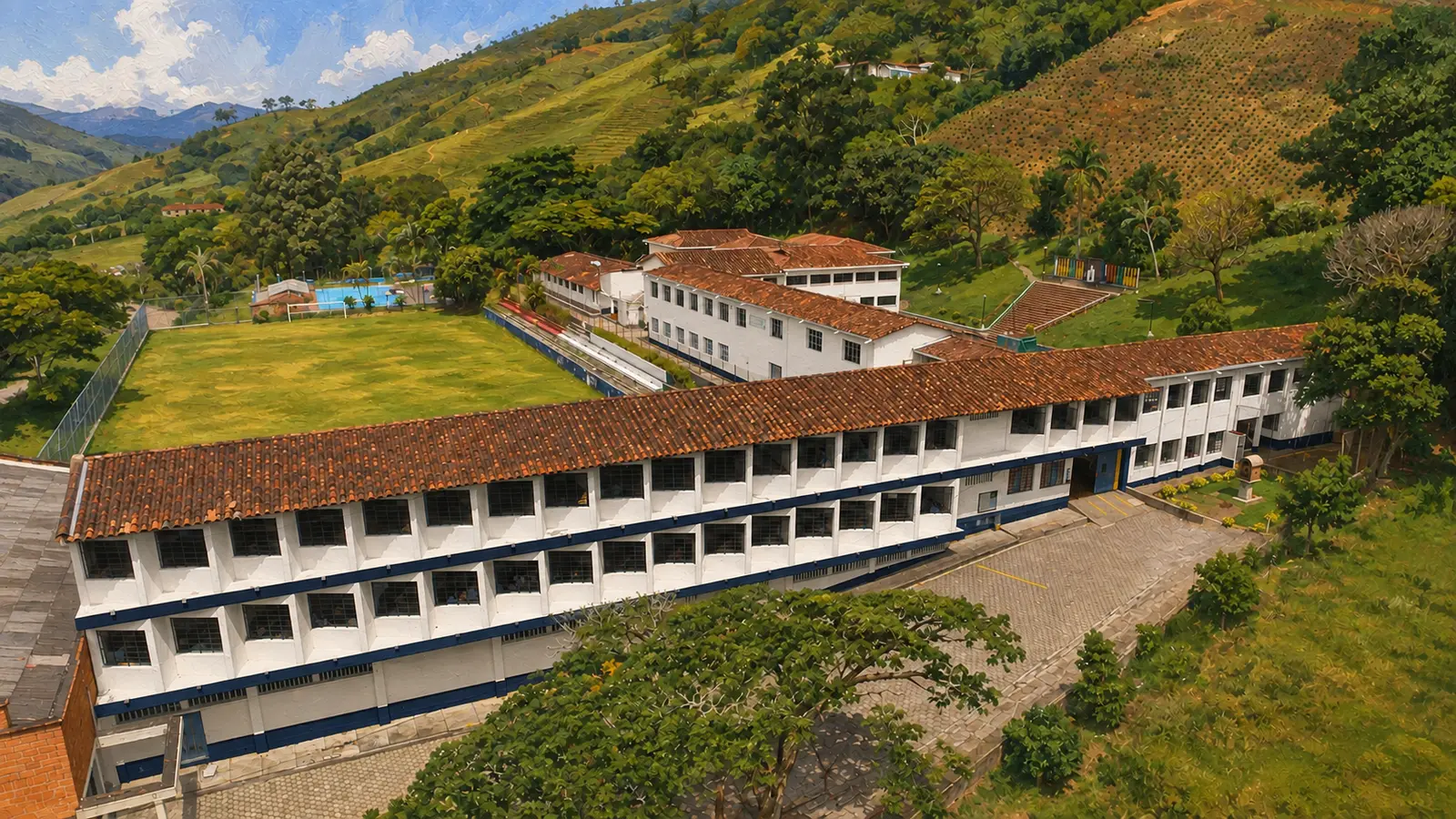 Vista aérea de la sede principal de la Institución Educativa San José del Citará y su entorno montañoso